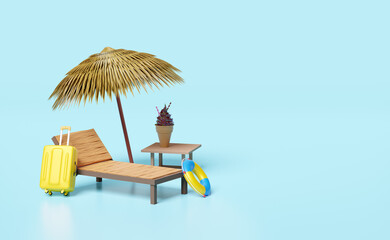 beach chair with palm leaf umbrella,lifebuoy,suitcase,ice cream waffle cones isolated on blue background.online shopping summer sale concept, 3d illustration or 3d render