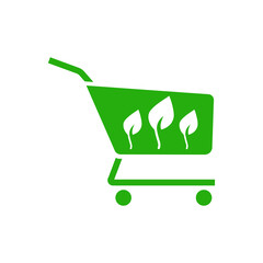 Eco shopping. Solid green vector supermarket cart icon with leaves image isolated on white background. Organic shopping design element, eco shop logo