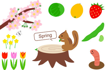 春の素材セット_切り株の萌芽や桜や野菜など