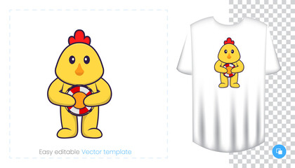 Cute chicken character. Prints on T-shirts, sweatshirts, cases for mobile phones, souvenirs. Isolated vector illustration on white background.