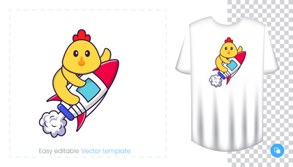 Cute chicken character. Prints on T-shirts, sweatshirts, cases for mobile phones, souvenirs. Isolated vector illustration on white background.