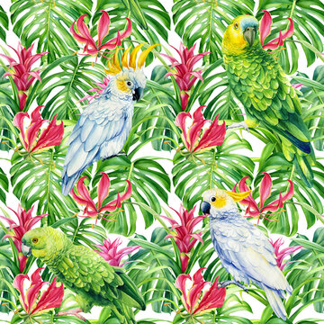 Seamless tropical pattern, vivid tropic foliage exotic jungle plant, palm leaves, lily flowers. Parrots birds cockatoo