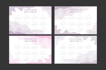 Fototapeta na wymiar 2022 2023 2024 2025 calendar horizontal landscape template set with wavy pink and lilac elements. Week starts on sunday