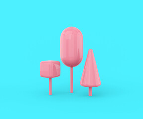 Pink trees of different geometric shapes cube, oval, cone on a blue background. Minimalistic design object. 3d rendering.