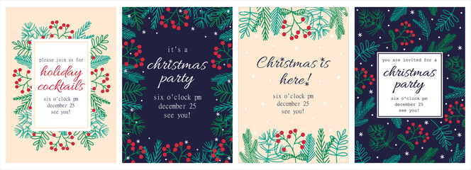 Christmas party invitation set. Collection of hand-drawn vector templates. Seasonal elements - branches of pine, spruce, fir, rose hips. Floral frame with copy space, festive flat concept.