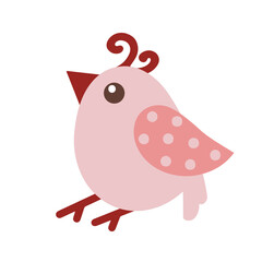 Cute cartoon bird vector icon. Hand-drawn illustration isolated on white background. A funny pink character with a small beak, thin legs, curls, polka-dot wings. Flat clipart for Valentine's day
