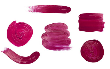 Red stroke brush lipstick or paint on white empty background. Cosmetics or acrylic stains for...