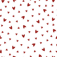 Cute cartoon hearts seamless vector pattern. Hand drawn romantic elements on white background. Red symbols of love in different poses, sizes. Festive concept for Valentine's Day, wedding, date, party.