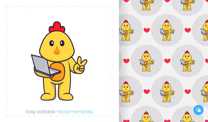 Seamless pattern with cartoon chicken on white background. Can be used on packaging paper, cloth and others.