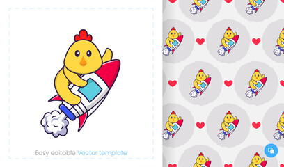 Seamless pattern with cartoon chicken on white background. Can be used on packaging paper, cloth and others.