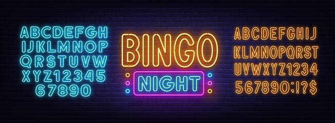 Bingo Night neon sign on brick wall background. © TanyaFox