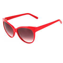 Red glasses frames on white background. Sun goggles and glasses for vision in red frames.