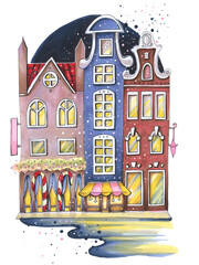 illustration cartoon sketch markers new year winter fairytale christmas european city amsterdam budapest embankment evening windows and houses falling snow