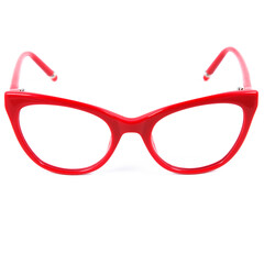 Red glasses frames on white background. Sun goggles and glasses for vision in red frames.