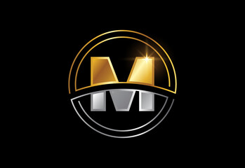 Initial letter M with circle frame. Golden and silver color alphabet symbol for corporate business identity