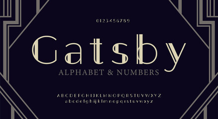 Elegant font and alphabet in Art deco style. Gatsby font and alphabet, Condensed letters set.