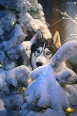 Christmas. Siberian husky dog