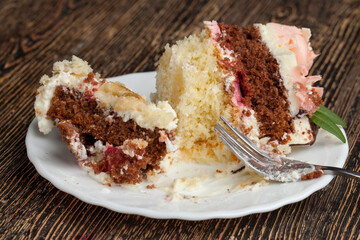delicious cake made of mixed cakes and strawberry and banana fillings