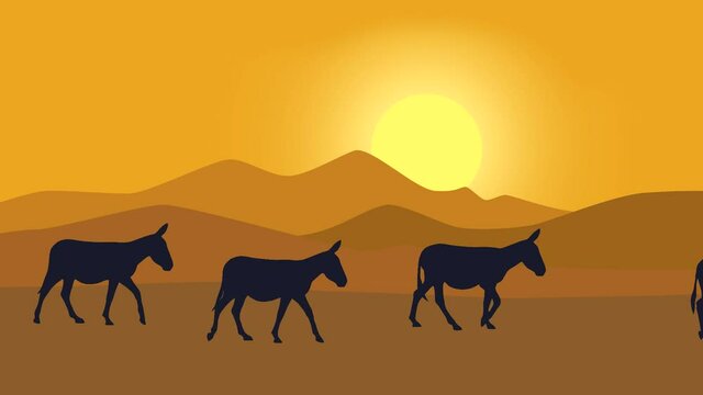 Desert landscape with sun, mountains and walking donkeys (animation, seamless loop)