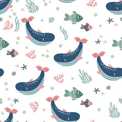Seamless pattern with whales and fishes. Design for fabric, textile, wallpaper, packaging, wrapping paper.
