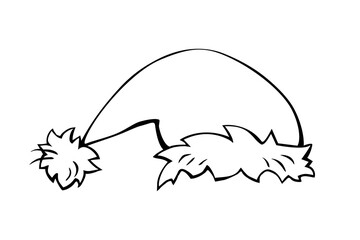 Vector black outline Santa Claus hat or sleeping cap in doodle style isolated on white background. Hand drawn Element of costume, clothes for winter, Christmas and New Year design