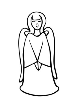 Vector outline singing, praying angel. Simple contour illustration, clipart on theme of Christmas, religion, Bible, Easter