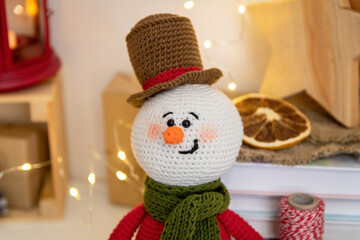 Handmade Christmas snowman crocheted and Christmas decor.