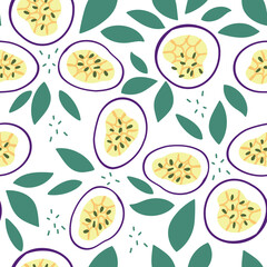 Seamless pattern ripe passion fruit. Cartoon print of an exotic fruit on a white isolated background. Hand-drawn organic food. Tropical treats. The concept of healthy eating.