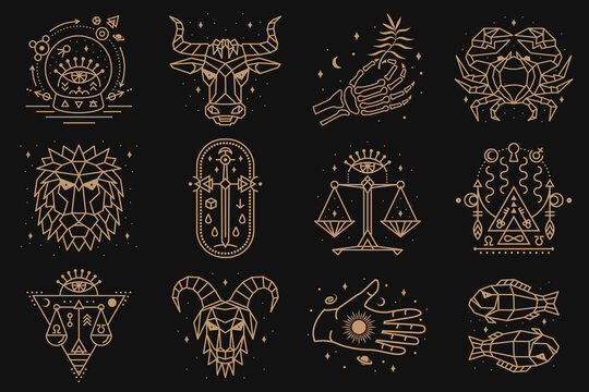 Esoteric and zodiacal symbols. Vector illustration. Outline icon for alchemy, sacred geometry. Mystic or magic design with zodiac sign.