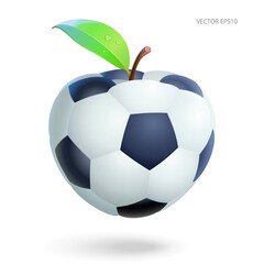 Soccer ball in the form of apple. Metaphorical symbol of sports diet. Vector 3d object. Funny football ball with a green leaf