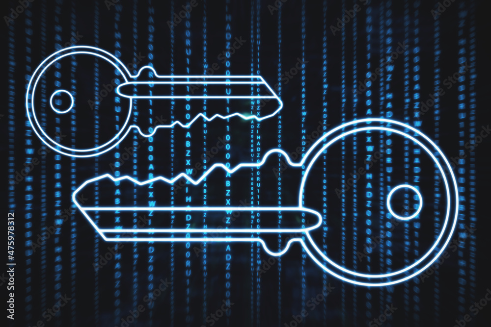 Aufkleber Creative digital key on dark coding language background. Technology and web access concept. 3D Rendering.