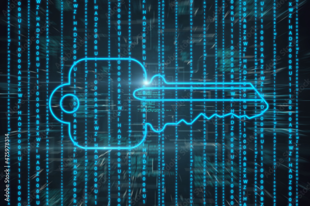 Aufkleber Blue digital key on dark coding language background. Technology and web access concept. 3D Rendering.