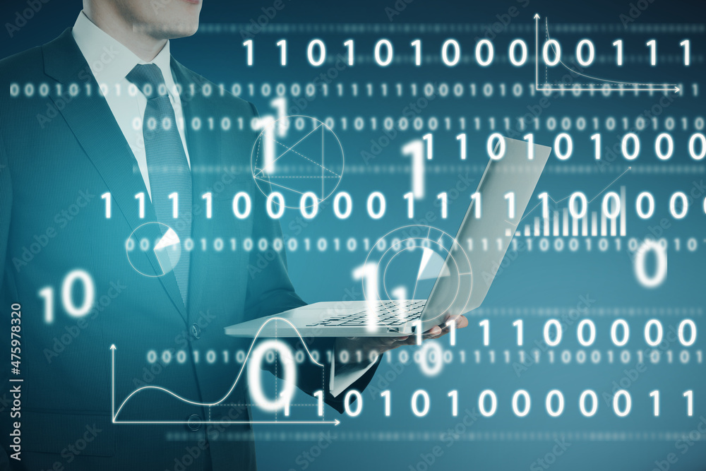 Poster Portrait of attractive european businessman holding laptop with abstract glowing interface with binary code and business chart. Information, technology and data concept. Double exposure.
