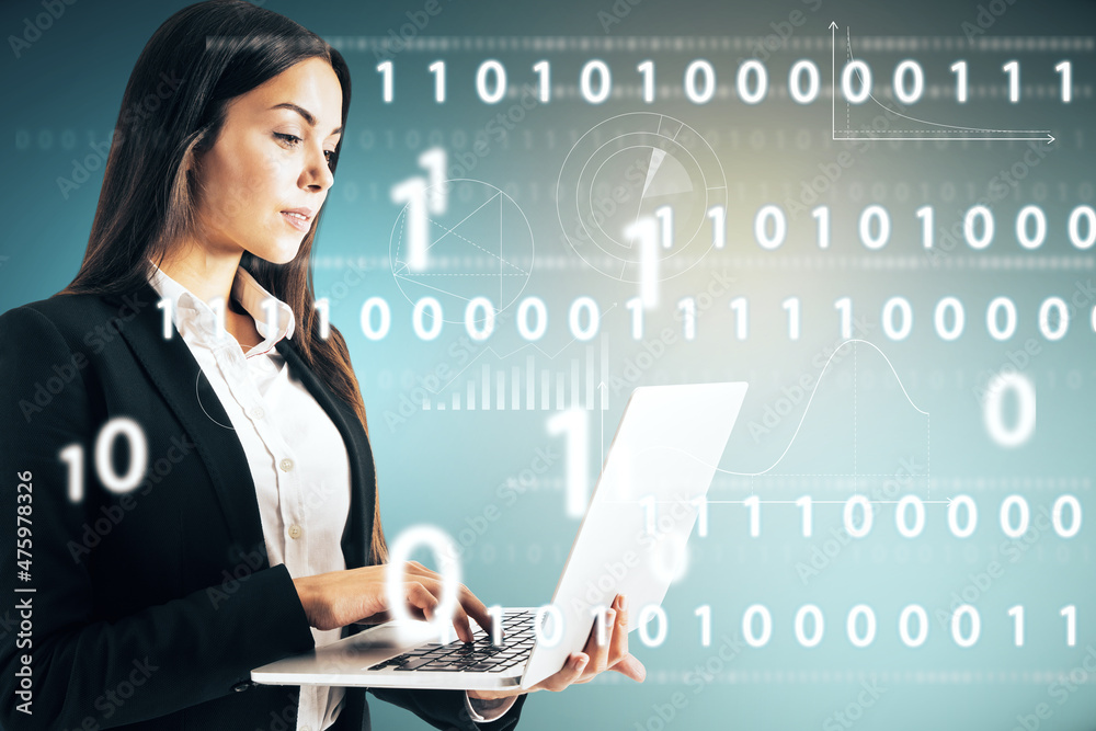Poster portrait of attractive european businesswoman holding laptop with abstract glowing interface with bi