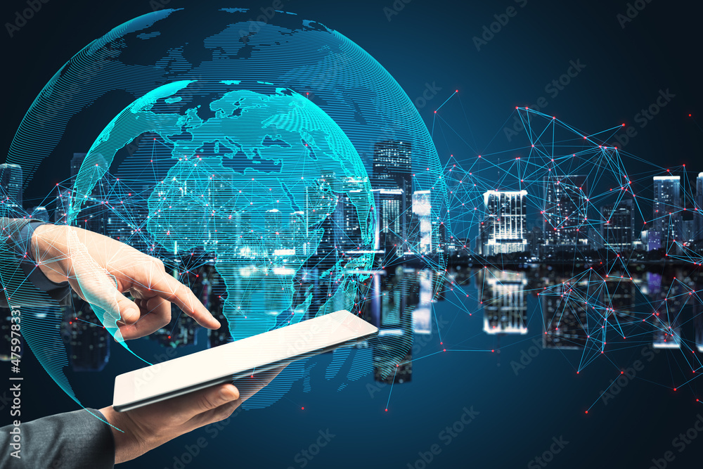 Poster close up of hand pointing at tablet with creative glowing globe with polygonal connections on blurry