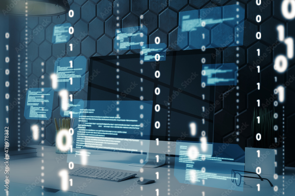 Fototapete Close up of desktop with computers and abstract coding binary code hologram. Artificial intelligence and development concept. Double exposure.