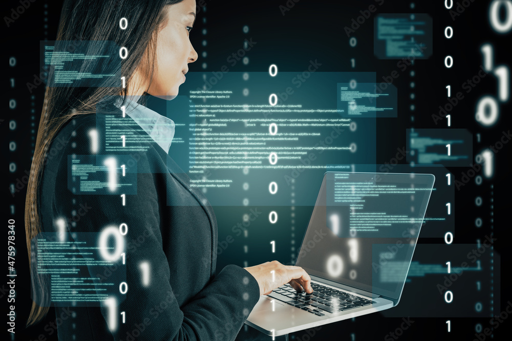 Poster Attractive european businesswoman using laptop computer with abstract coding binary code hologram on blurry background. Artificial intelligence and development concept. Double exposure.
