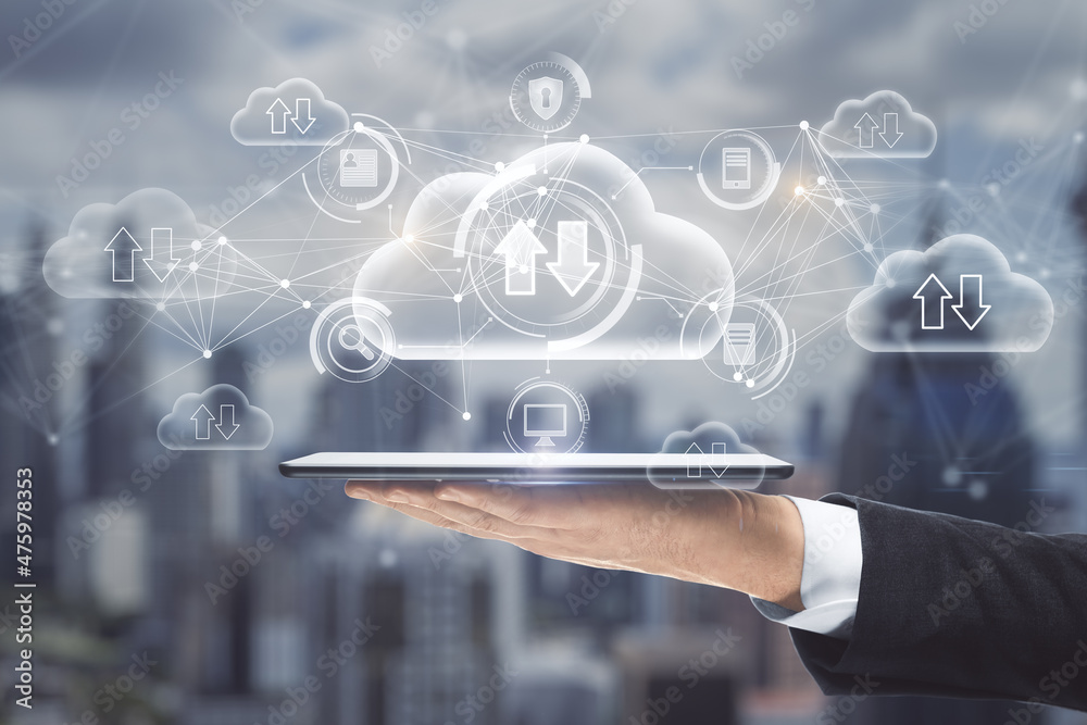 Poster close up of hand holding tablet with abstract glowing cloud computing hologram with download/upload 