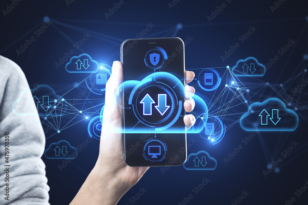 Poster close up of hand holding smartphone with abstract glowing cloud computing hologram with download/upl
