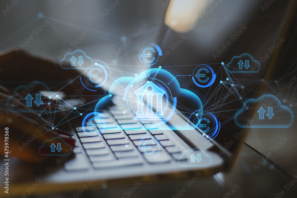 Poster Close up of hand using laptop with abstract glowing cloud computing and online banking hologram with various icons on blurry background. Database, finance, technology and future concept. 