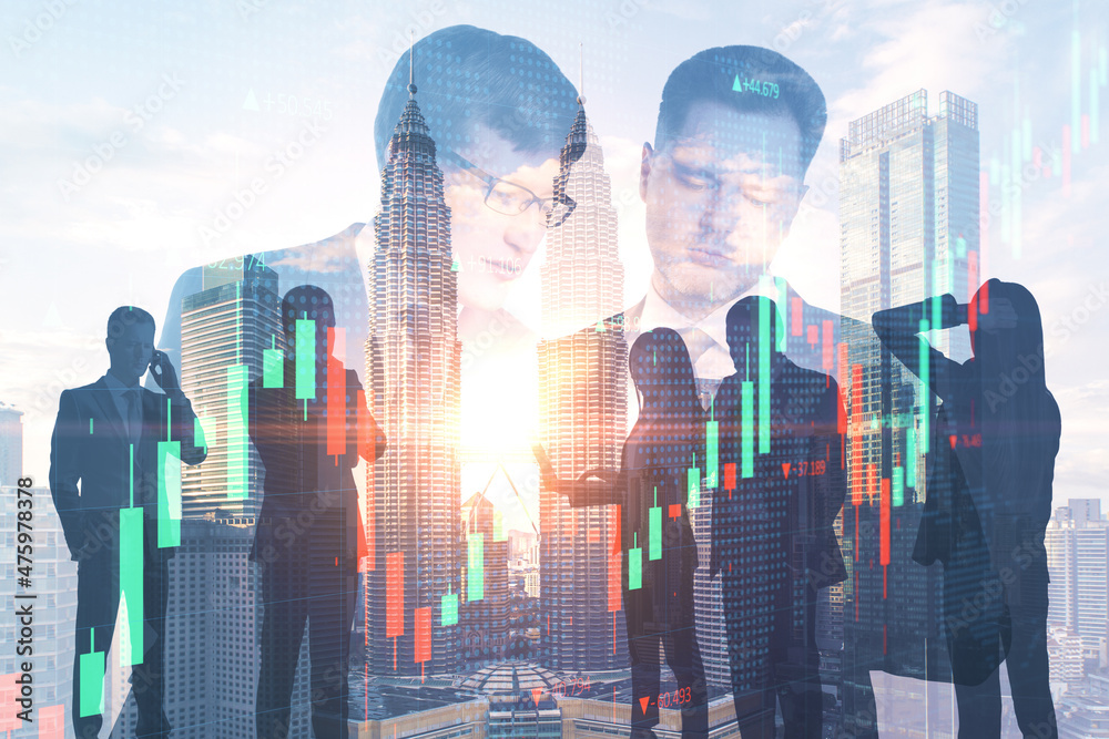 Poster abstract image of businesspeople working together on abstract city office background with daylight a