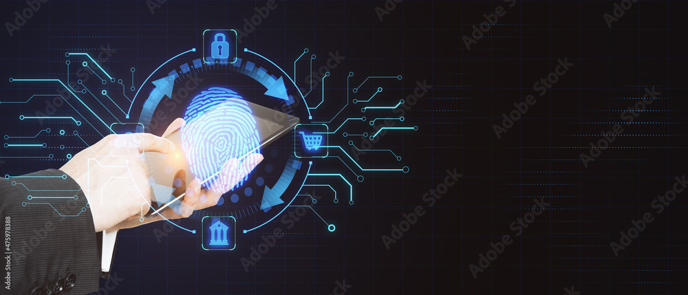 Poster Close up of businessman hand pointing at tablet with creative blue fingerprint scanning interface on dark background with mock up place. Biometrics, network data, security and future concept. 