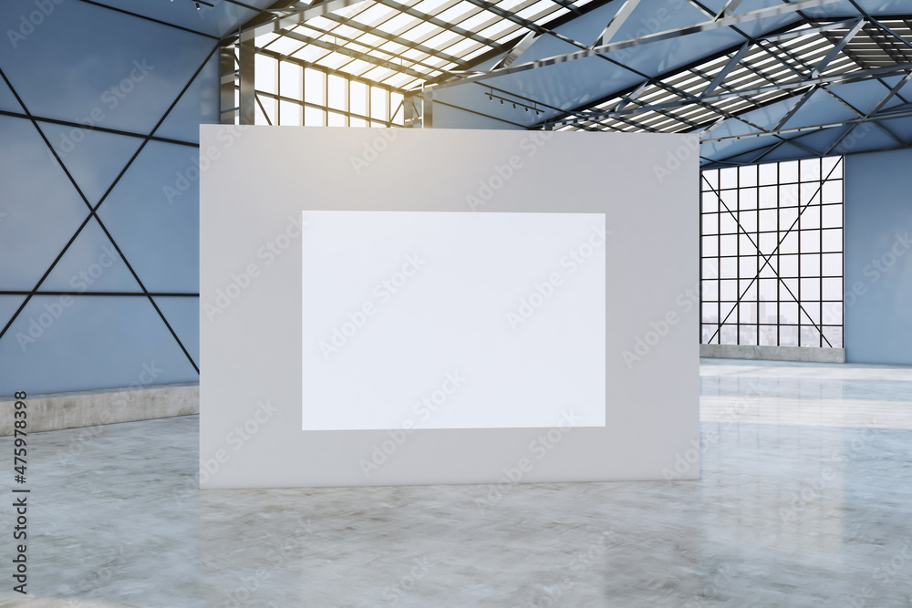 Poster bright spacious concrete empty hangar interior with blank mock up banner on wall, sunlight, city vie