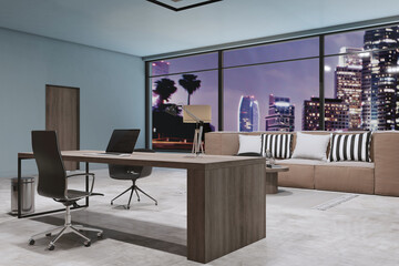 Modern concrete designer office interior with panoramic window and night city view, couch, furniture and decorative wall. Workplace and design concept. 3D Rendering.