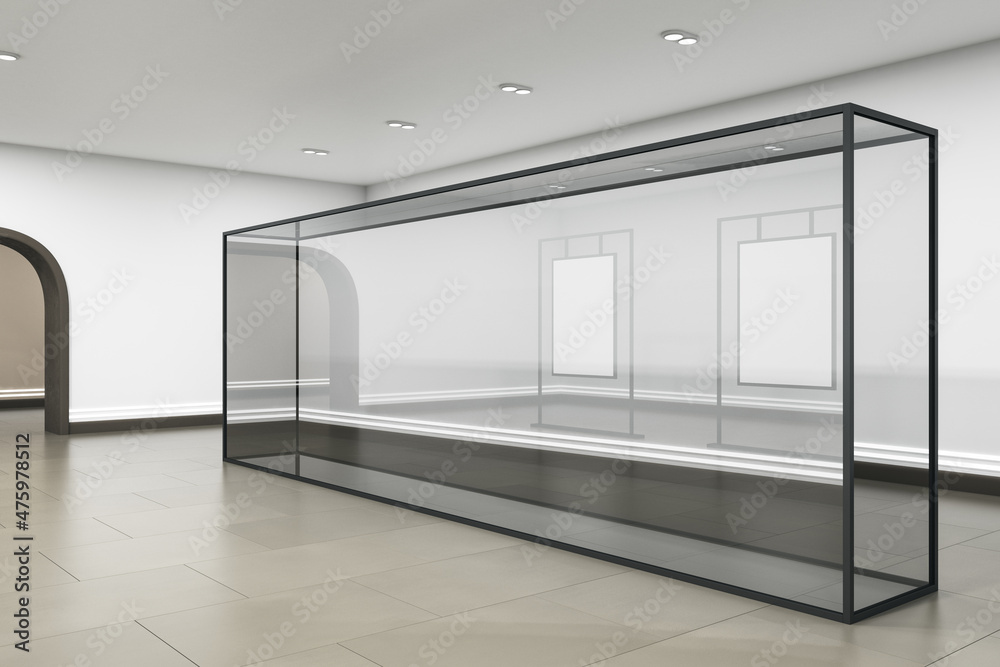Poster modern exhibition hall interior with arch entrance and empty glass showcase with mock up place. art 