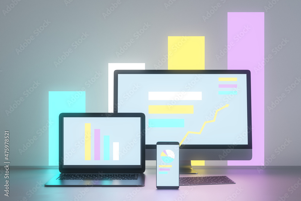 Poster abstract light neon designer desktop with glowing laptop computer monitors, smartphone screen and bu