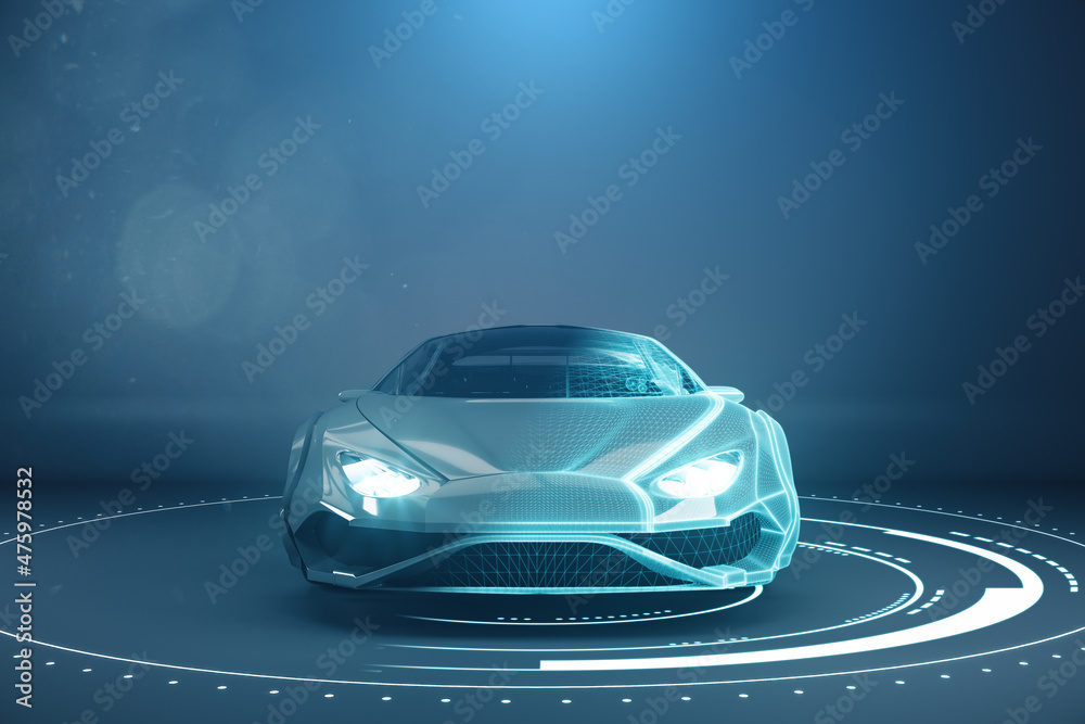 Aufkleber creative wireframe sports car on blue background with mock up place on wall. racing and design conce