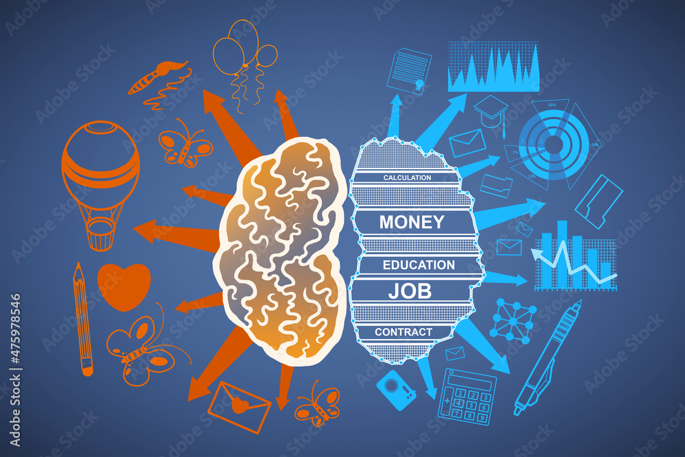 Poster creative brain sketch with creative and analytical side on blue wall backdrop. science, mind and cre