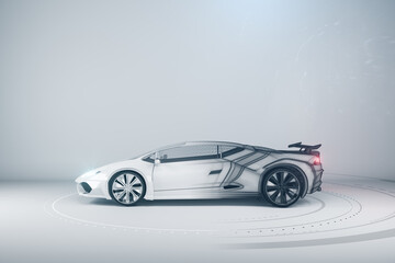 Modern wireframe sports car on white background with mock up place on wall. Racing and design concept. 3D Rendering.