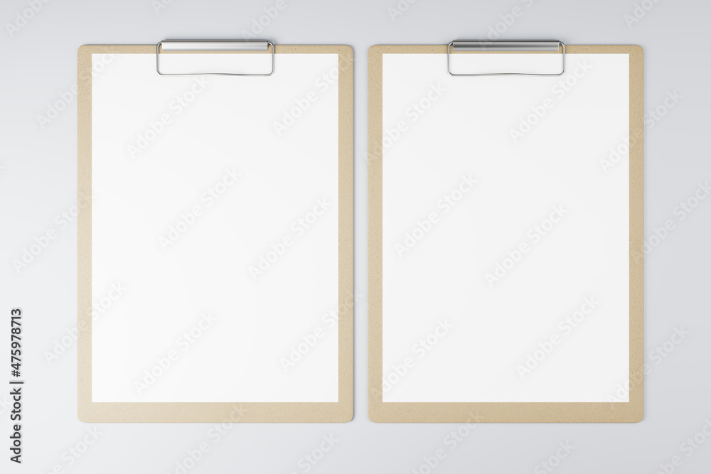 Poster Top view and close up of empty clean clipboards on light background, Stationery and mock up supplies concept. 3D Rendering.